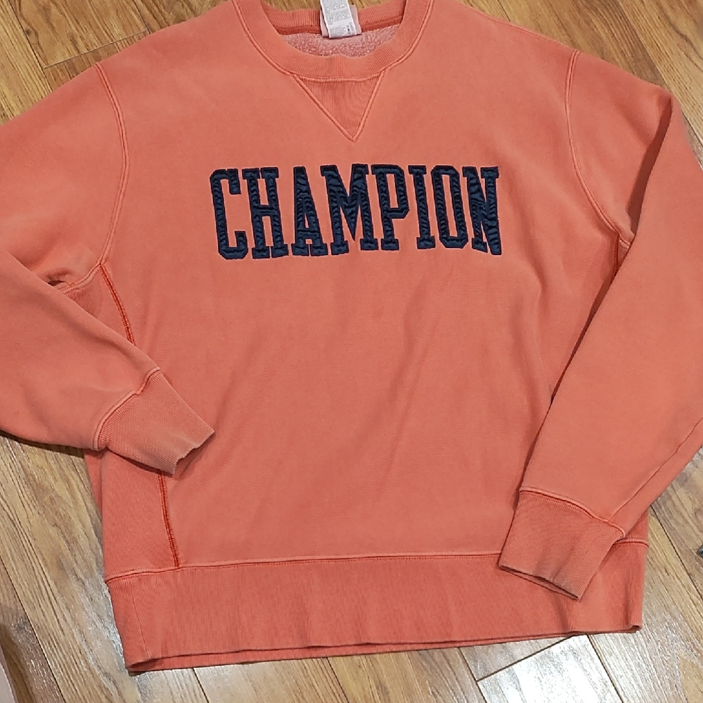 Champion Men’s Crewneck Sweatshirt in Coral Orange with Navy Logo